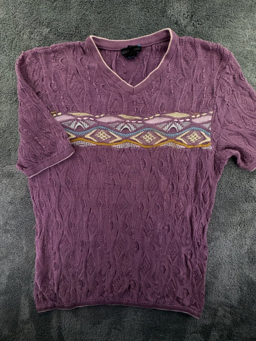 COOGI Australia Sweater Purple Short Sleeve XL Long 3D Knit Pullover Adult Uni